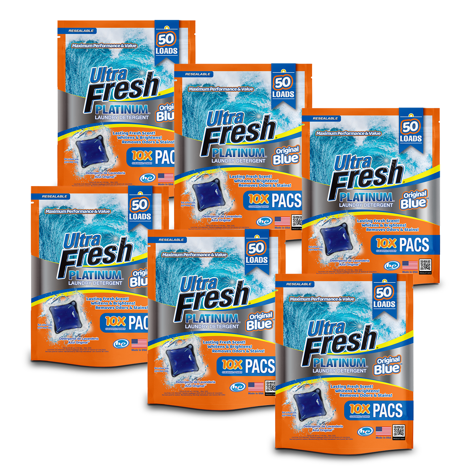 Ultra Fresh® 10X Platinum™ Laundry Detergent Pacs - Original Blue™ - 300 Count (6x 50 Packs)