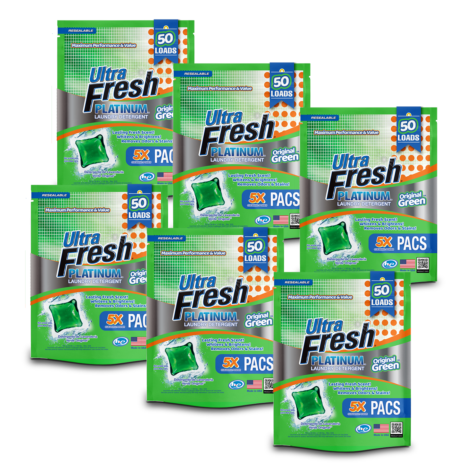 Ultra Fresh® 5X Platinum™ Laundry Detergent Pacs - Original Green™ - 300 Count (6x 50 Packs)