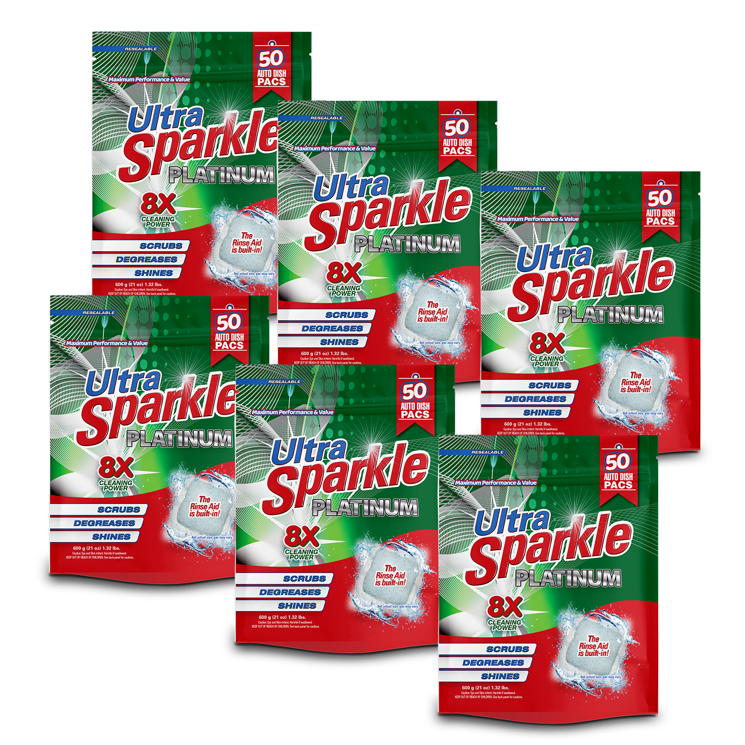Ultra Sparkle® Platinum™ Auto Dish Pacs with built-in Rinse Aid - 300 Count (6x 50 Packs)