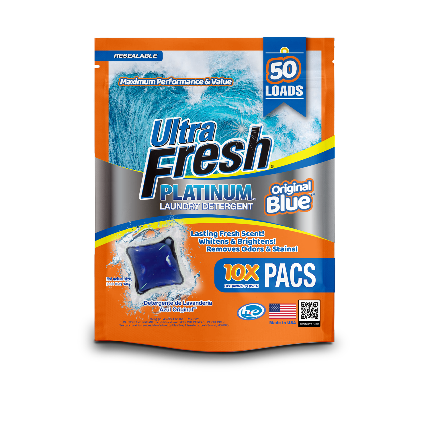Ultra Fresh® 10X Platinum™ Laundry Detergent Pacs - Original Blue™ - 300 Count (6x 50 Packs)
