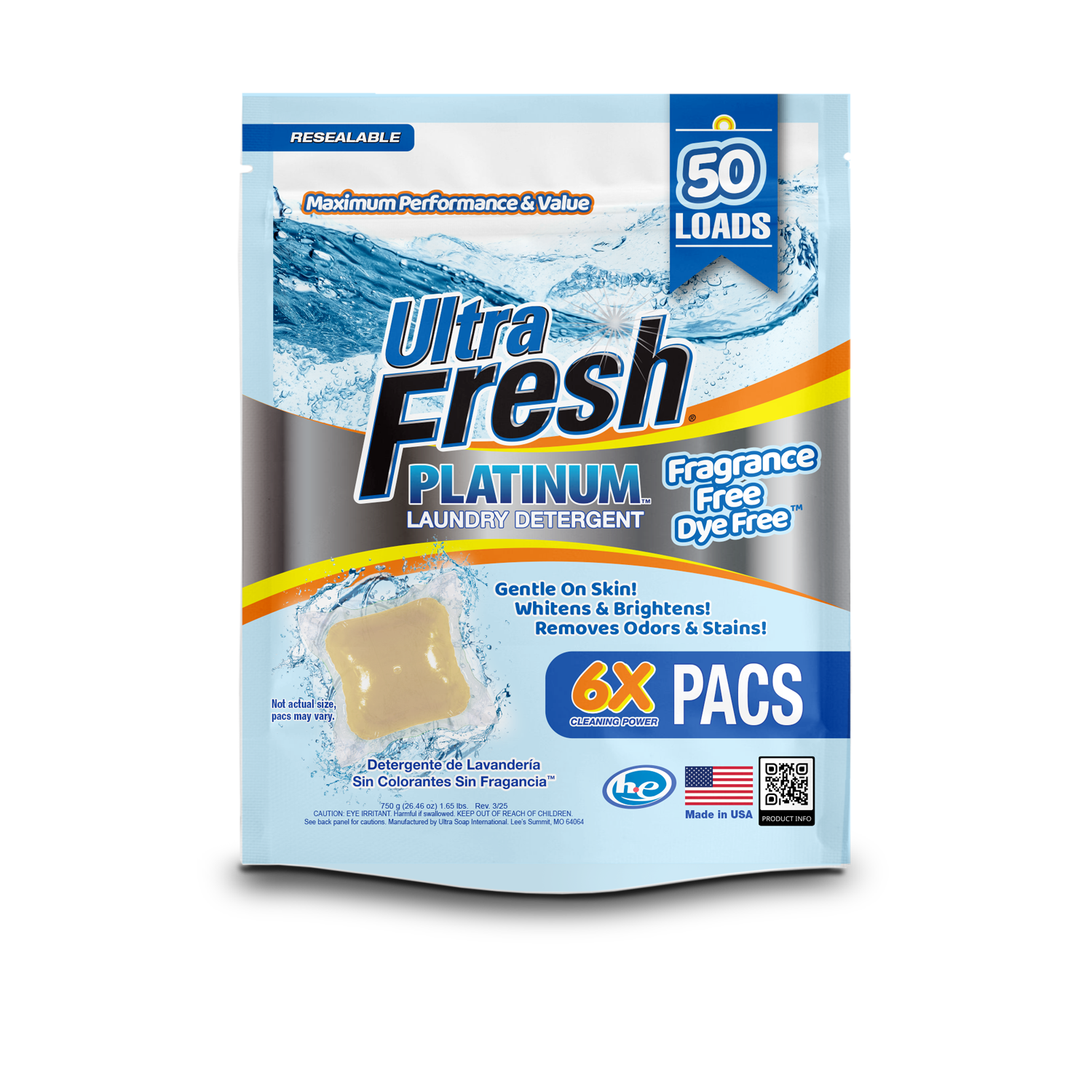 Ultra Fresh® 6X Platinum™ Laundry Detergent Pacs -Fragrance Free Dye Free™ - 300 Count (6x 50 Packs)