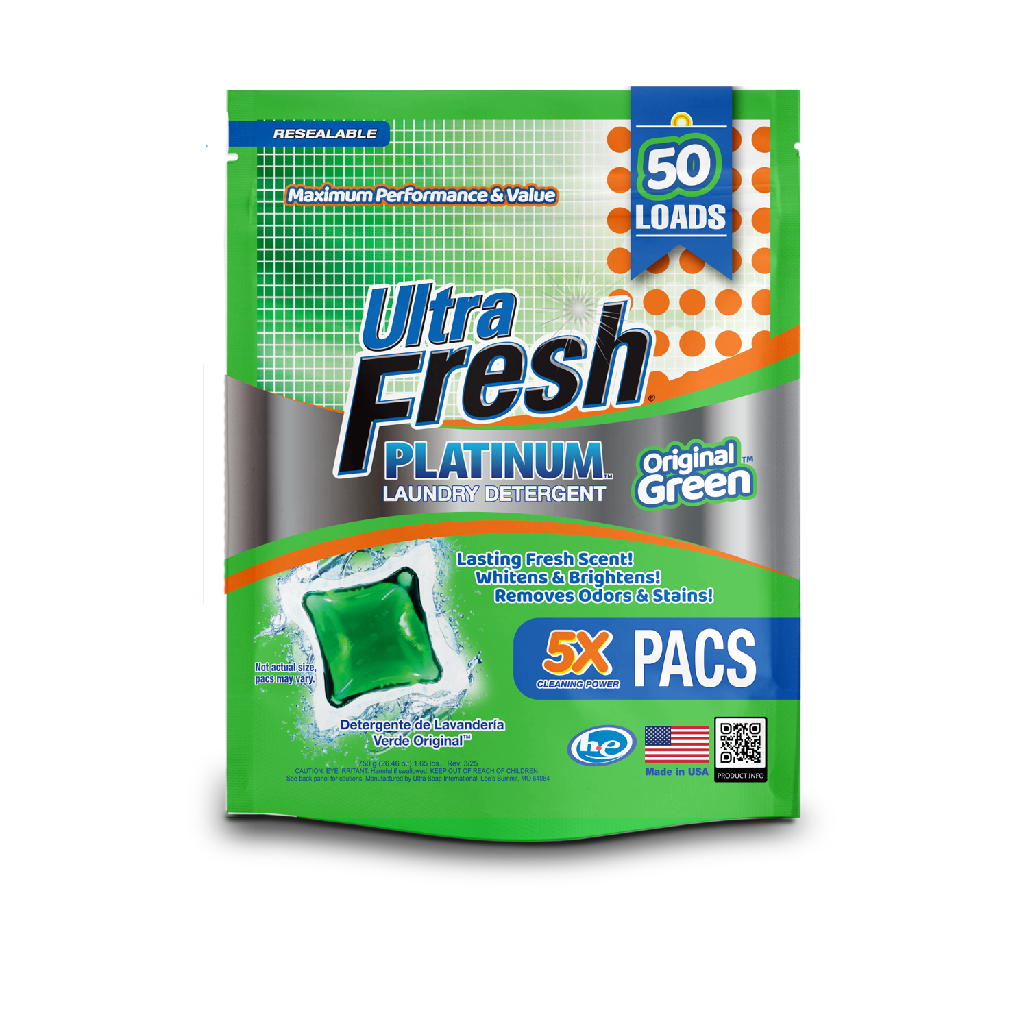 Ultra Fresh® 5X Platinum™ Laundry Detergent Pacs - Original Green™ - 300 Count (6x 50 Packs)