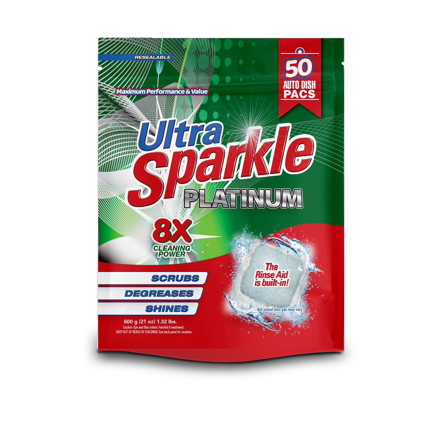 Ultra Sparkle® Platinum™ Auto Dish Pacs with built-in Rinse Aid - 300 Count (6x 50 Packs)