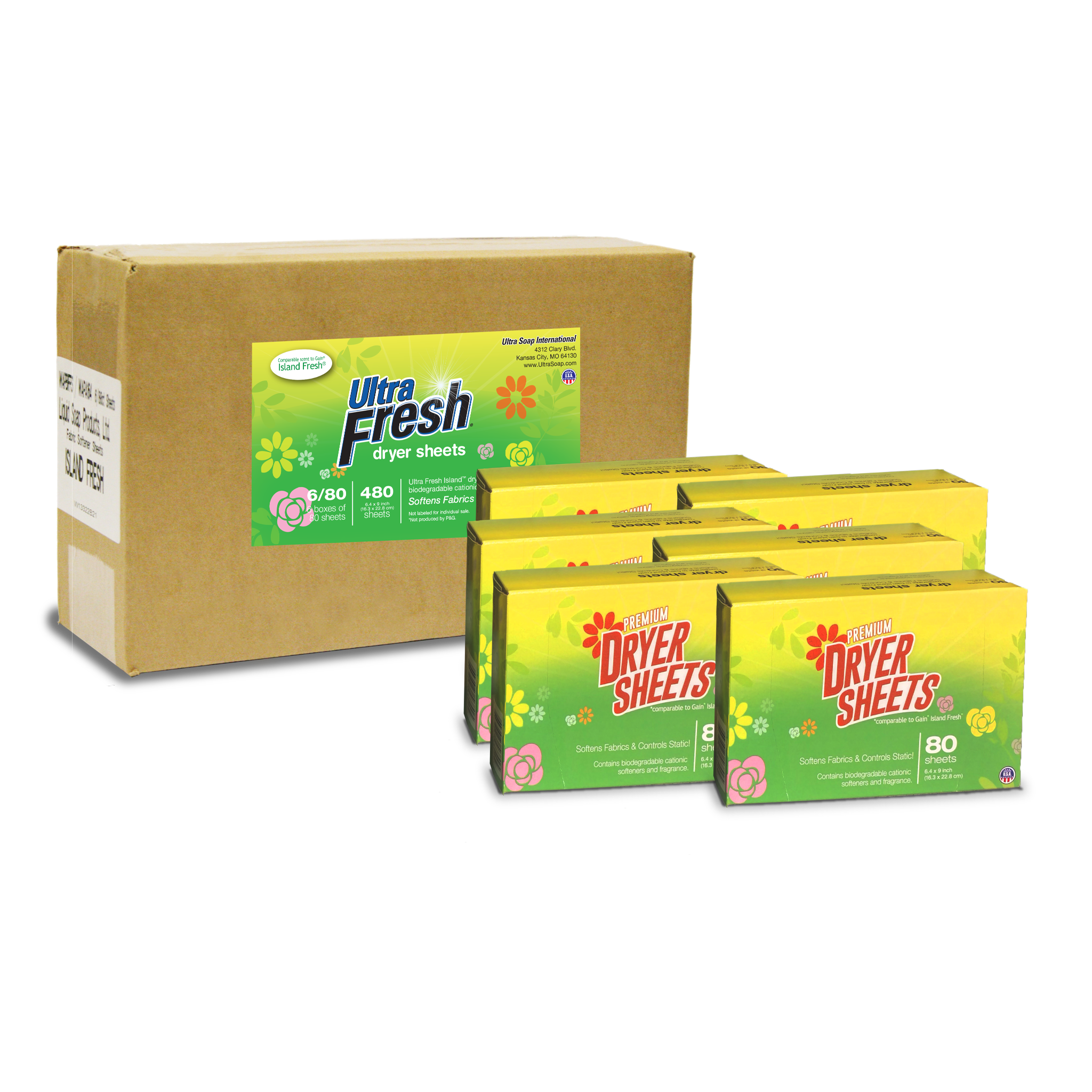 Ultra Fresh® Dryer Sheets - Island Fresh™ Scent - 80 Dryer Sheets (Case of 6 = 480 Sheets)