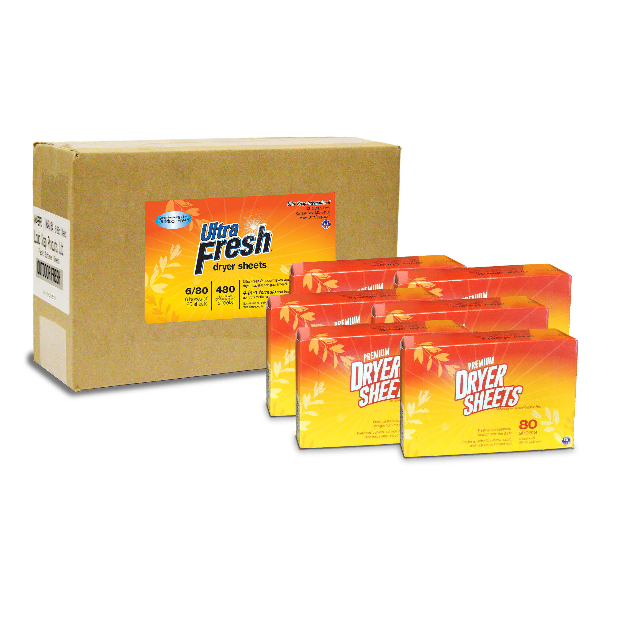 Ultra Fresh® Dryer Sheets - Outdoor Fresh™ Scent - 80 Dryer Sheets (Case of 6 = 480 Sheets)